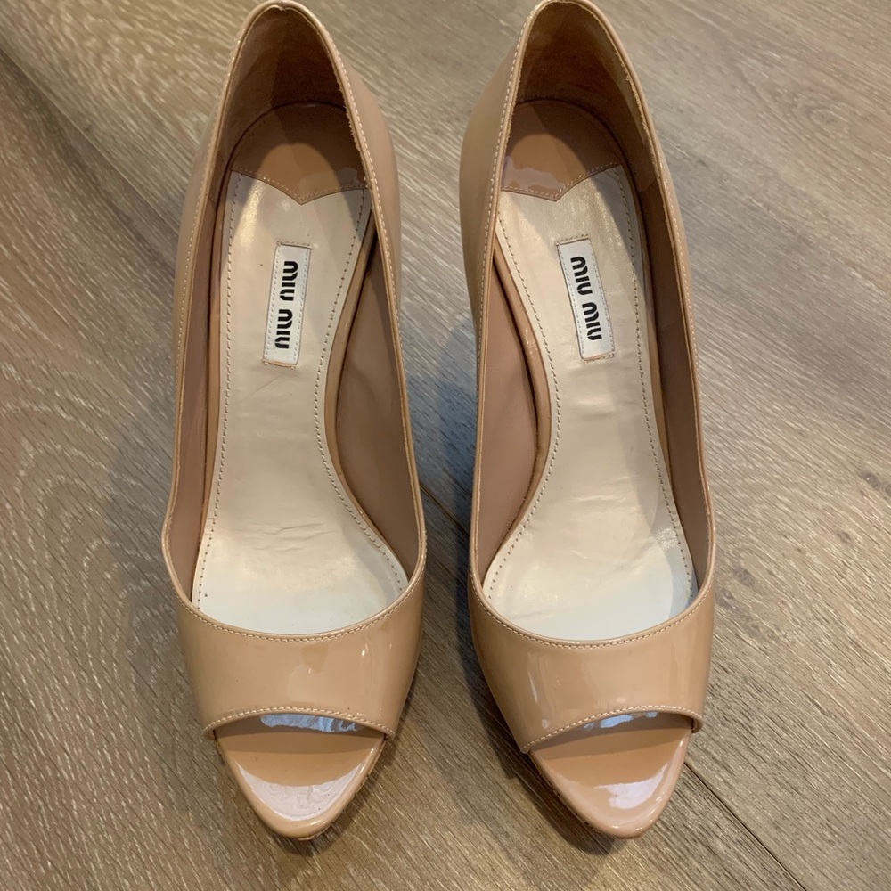 Miu Miu patent leather peep-toe wedge pumps